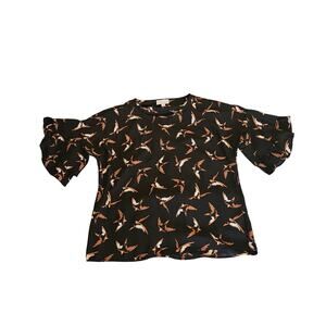 Veronica M Bird Print Blouse Womens XS Black Rust Flutter Sleeve Top